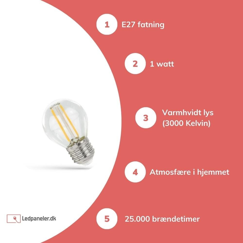 Spectrum LED-pære G45 - E27 fatning - 1W glødetråd - 3000K Varm hvid