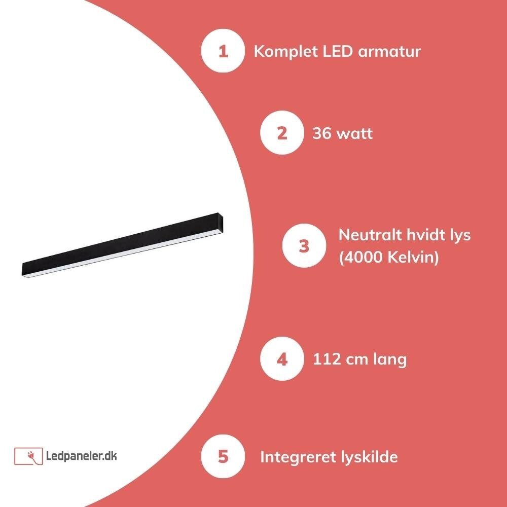 Spectrum LED aflangt armatur sort - 112cm 36W 4000K