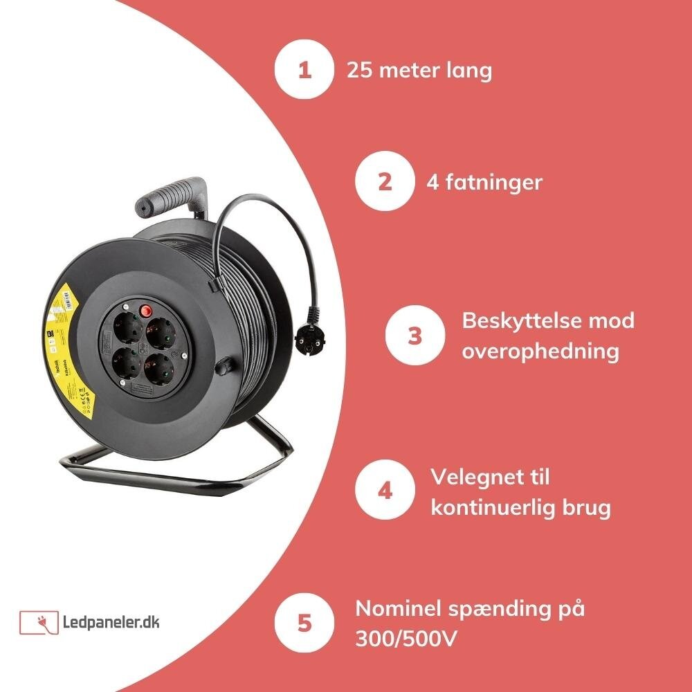 Technik Kabelrulle 25m - 4-Schuko Stik med jord - 3x1,5mm2 - sort