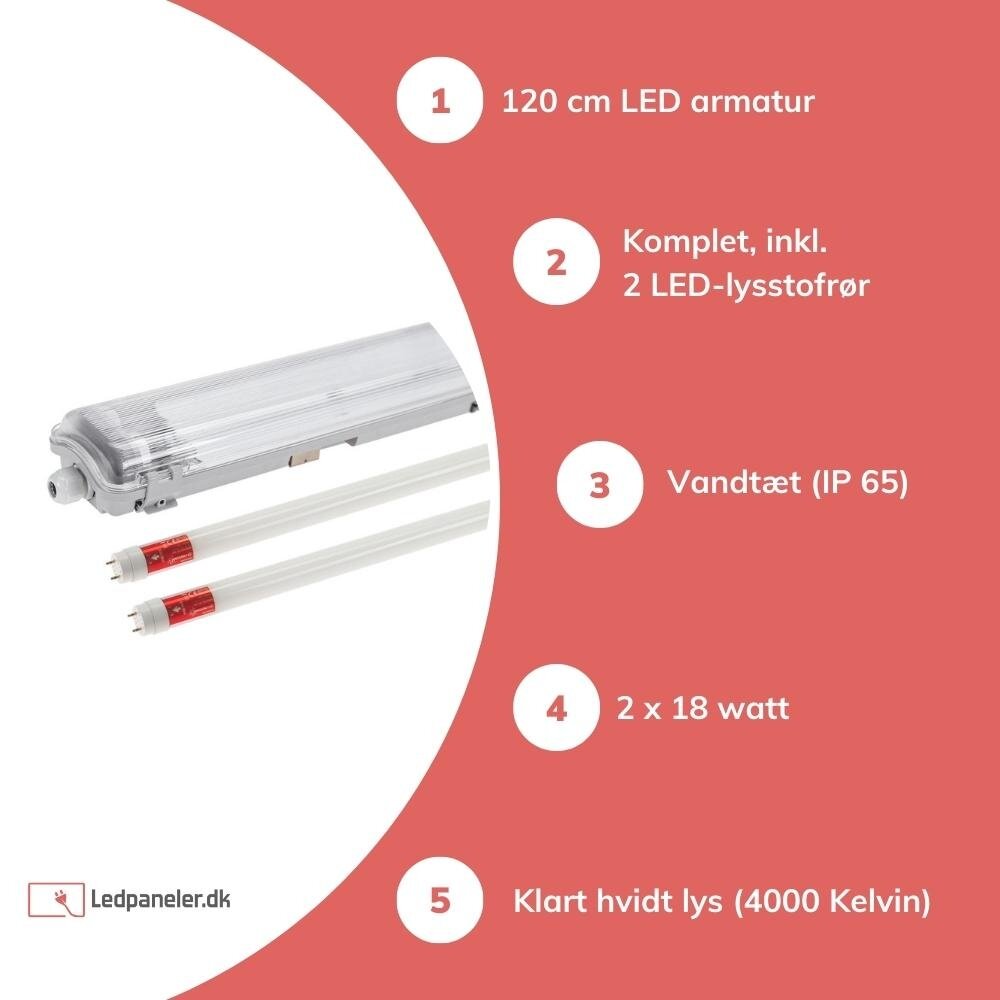 120cm LED armatur IP65 + 2 LED lysstofrør 18W p/s - 4000K 840 Neutral hvid - Komplet