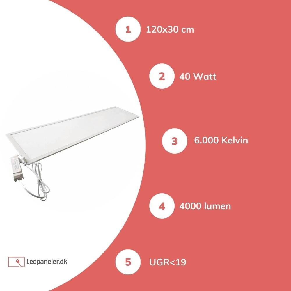 Aigostar LED panel 120x30cm - UGR<19 - Kold hvid 6000K 865 - 40W 4000lm Aigostar LED panel 120x30cm - UGR<19 - Kold hvid 6000K 865 - 40W 4000lm