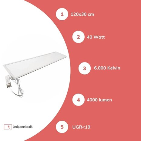 Aigostar LED panel 120x30cm - UGR<19 - Kold hvid 6000K 865 - 40W 4000lm Aigostar LED panel 120x30cm - UGR<19 - Kold hvid 6000K 865 - 40W 4000lm