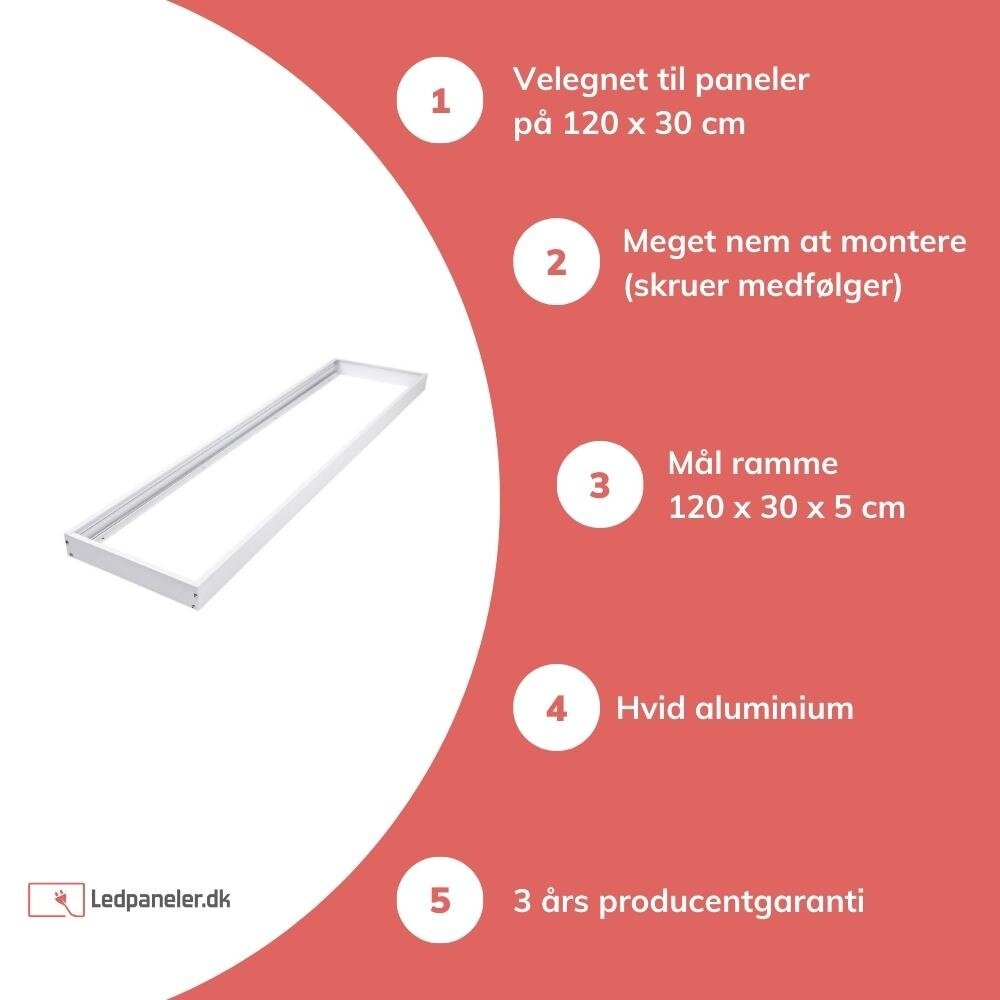 LCB Hvidt rammesystem til montering af LED panel - 5 cm høj inklusiv skruer - 120x30 cm LCB Hvidt rammesystem til montering af LED panel - 5 cm høj inklusiv skruer - 120x30 cm