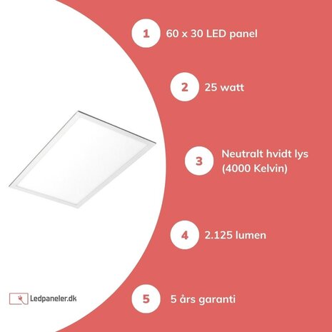 Aigostar LED Panel 60x30cm - Neutral hvid 4000K 25W 2700lm Aigostar LED Panel 60x30cm - Neutral hvid 4000K 25W 2700lm