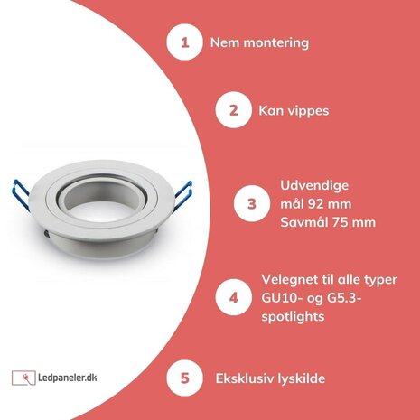 Aigostar Indbygningsspot Hvid rund - justerbar - Indvendig diameter 75mm - Udvendig diameter 92mm Aigostar Indbygningsspot Hvid rund - justerbar - Indvendig diameter 75mm - Udvendig diameter 92mm