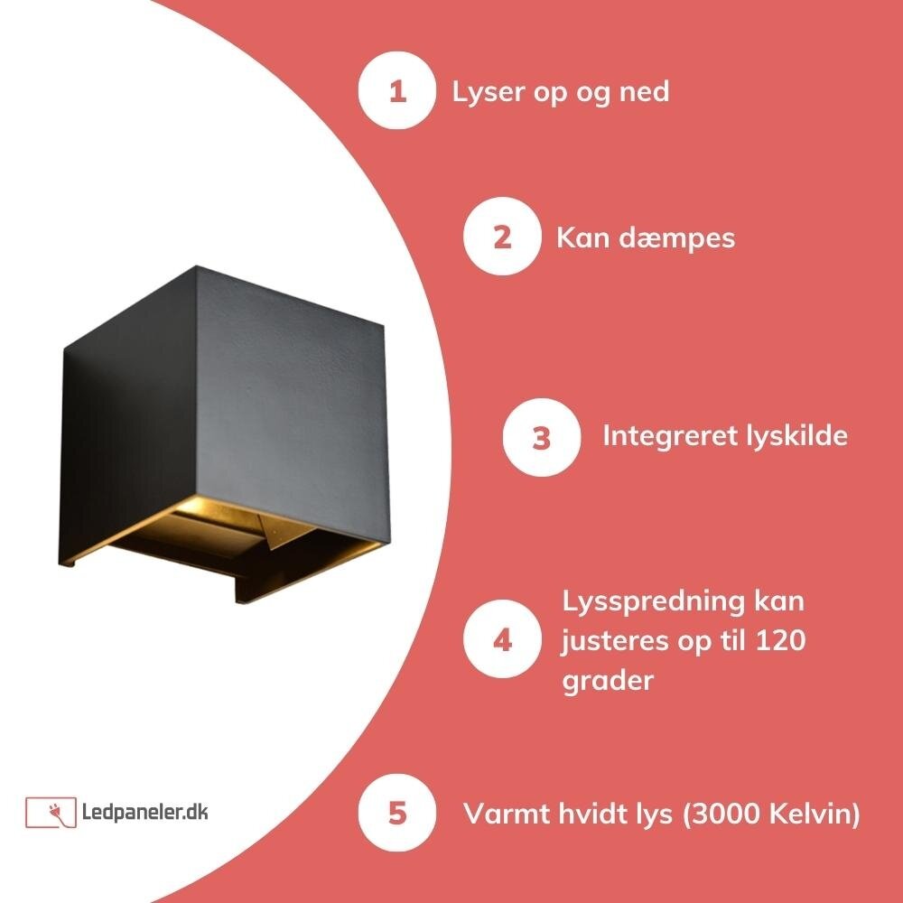 LCB LED-væglampe op og ned - 2x3W dæmpbar - 3000K varmt hvidt lys - justerbar lysfordeling LCB LED-væglampe op og ned - 2x3W dæmpbar - 3000K varmt hvidt lys - justerbar lysfordeling