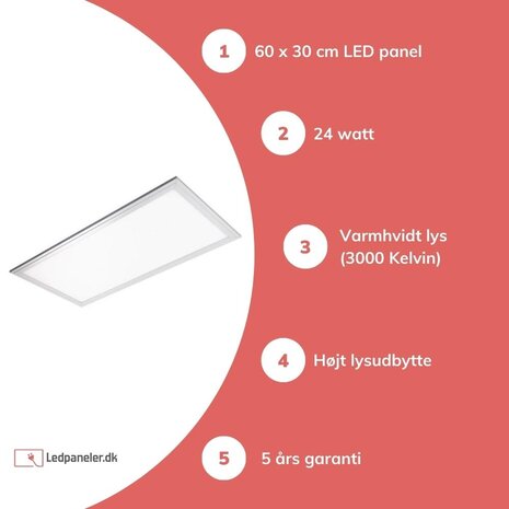 TSONG LED Panel 60x30cm - Varm hvid 3000K 830 25W 2125lm - Hvid kant - Inklusiv driver TSONG LED Panel 60x30cm - Varm hvid 3000K 830 25W 2125lm - Hvid kant - Inklusiv driver