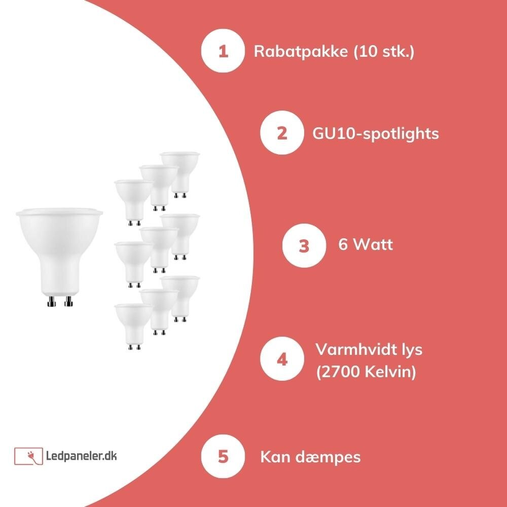 Modee Lighting Multipakke 10x LED spot GU10 Dæmpbar - 6W erstatter 50W - 2700K Varm hvid Modee Lighting Multipakke 10x LED spot GU10 Dæmpbar - 6W erstatter 50W - 2700K Varm hvid