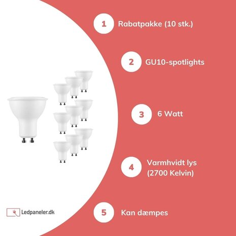 Modee Lighting Multipakke 10x LED spot GU10 Dæmpbar - 6W erstatter 50W - 2700K Varm hvid Modee Lighting Multipakke 10x LED spot GU10 Dæmpbar - 6W erstatter 50W - 2700K Varm hvid