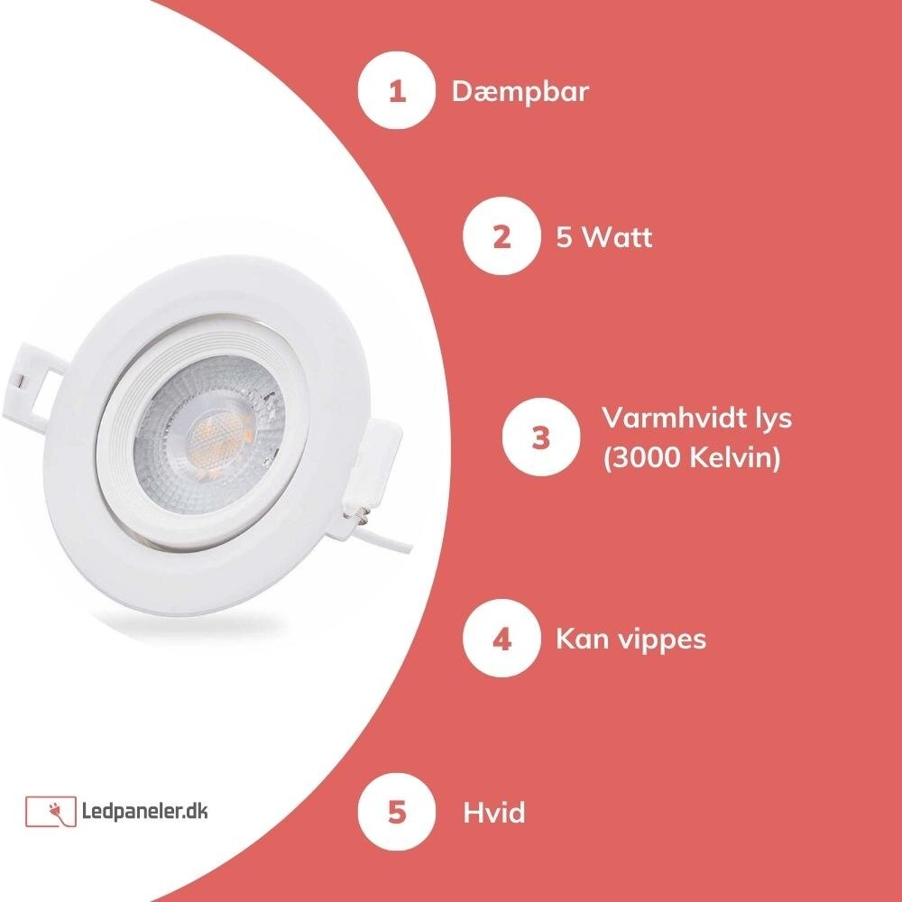 LCB LED Downlight dæmpbar - 5W erstatter 50W - 3000K Varm hvid - Kan vippes LCB LED Downlight dæmpbar - 5W erstatter 50W - 3000K Varm hvid - Kan vippes