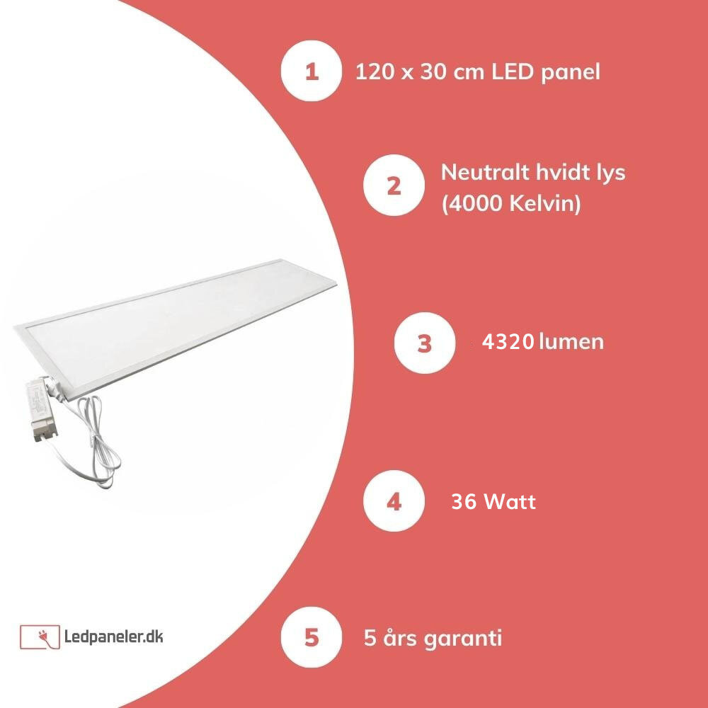 TSONG LED panel 120x30cm UGR<19 flimmerfri 4000K 840 - 36W 120m lumen p/w TSONG LED panel 120x30cm UGR<19 flimmerfri 4000K 840 - 36W 120m lumen p/w