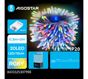 Aigostar LED Julelyskæde - 20 LEDS - 2700K - RGB dioder - 2 meter - IP20 - 3x AAA batterier Aigostar LED Julelyskæde - 20 LEDS - 2700K - RGB dioder - 2 meter - IP20 - 3x AAA batterier