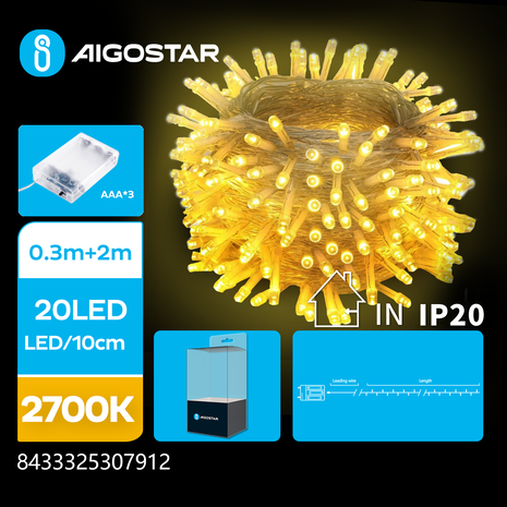 Aigostar LED Julelyskæde - 20 LEDS - 2700K - Varmt Hvidt Lys - 2 meter - IP20 - 3x AAA batterier