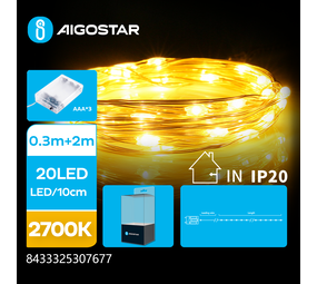 Aigostar LED Julelyskæde - 20 LEDS - Kobberledning - 2700K - 2 meter - IP20 - 3x AAA batterier Aigostar LED Julelyskæde - 20 LEDS - Kobberledning - 2700K - 2 meter - IP20 - 3x AAA batterier