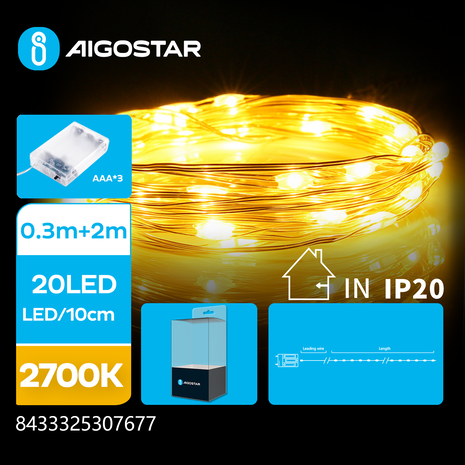 Aigostar LED Julelyskæde - 20 LEDS - Kobberledning - 2700K - 2 meter - IP20 - 3x AAA batterier