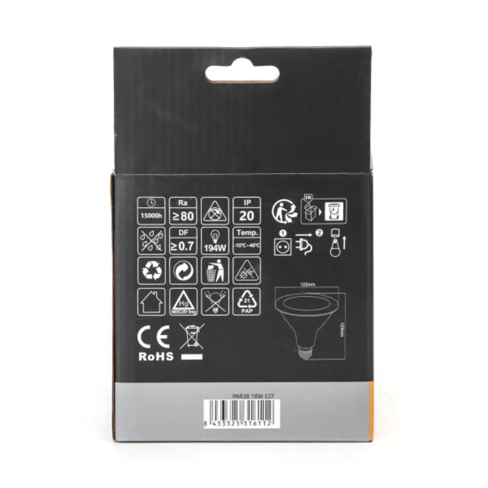 Aigostar LED pære - E27 PAR38 18W Varm hvid 3000K Aigostar LED pære - E27 PAR38 18W Varm hvid 3000K