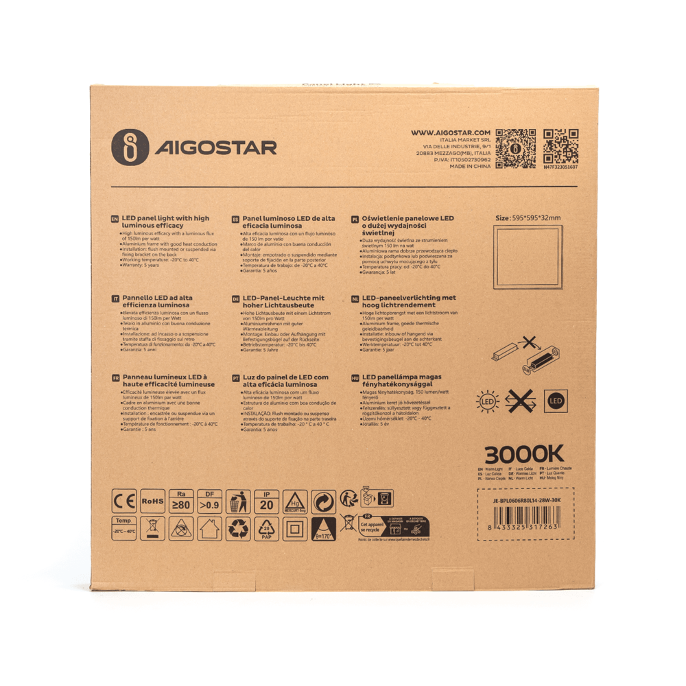 Aigostar LED Panel 60x60cm - 28W 166lm p/w - 3000K 830
