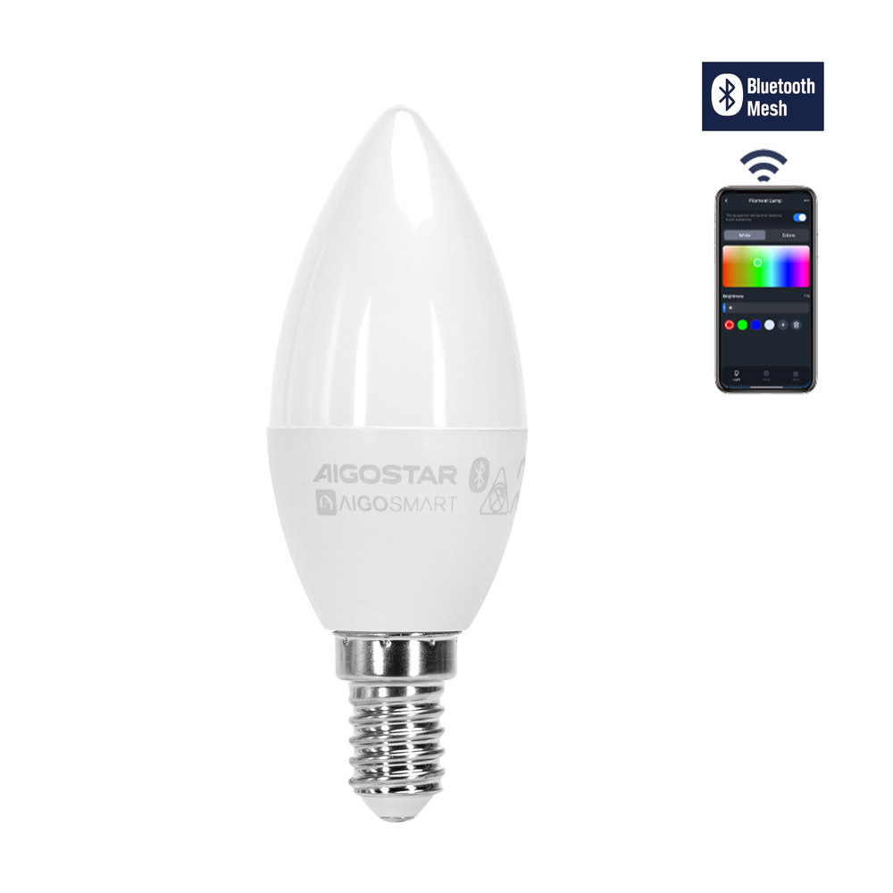 Aigostar LED-pære - Bluetooth Mesh - E14 - 6,5W - C37 - RGB+CCT