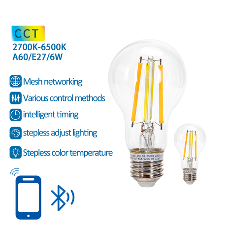 Aigostar LED-pære - Bluetooth Mesh - E27 - 6W - A60 - Filament - Inkl. fjernbetjening - Sæt af 2 Aigostar LED-pære - Bluetooth Mesh - E27 - 6W - A60 - Filament - Inkl. fjernbetjening - Sæt af 2