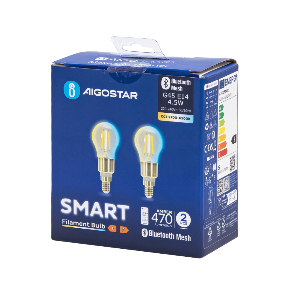 Aigostar LED-pære - Bluetooth Mesh - E14 - 4.5W - G45 - Filament - Inkl. fjernbetjening - Sæt med 2 Aigostar LED-pære - Bluetooth Mesh - E14 - 4.5W - G45 - Filament - Inkl. fjernbetjening - Sæt med 2