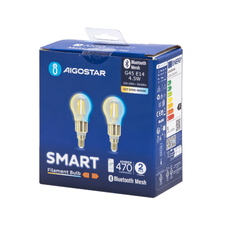 Aigostar LED-pære - Bluetooth Mesh - E14 - 4.5W - G45 - Filament - Inkl. fjernbetjening - Sæt med 2 Aigostar LED-pære - Bluetooth Mesh - E14 - 4.5W - G45 - Filament - Inkl. fjernbetjening - Sæt med 2