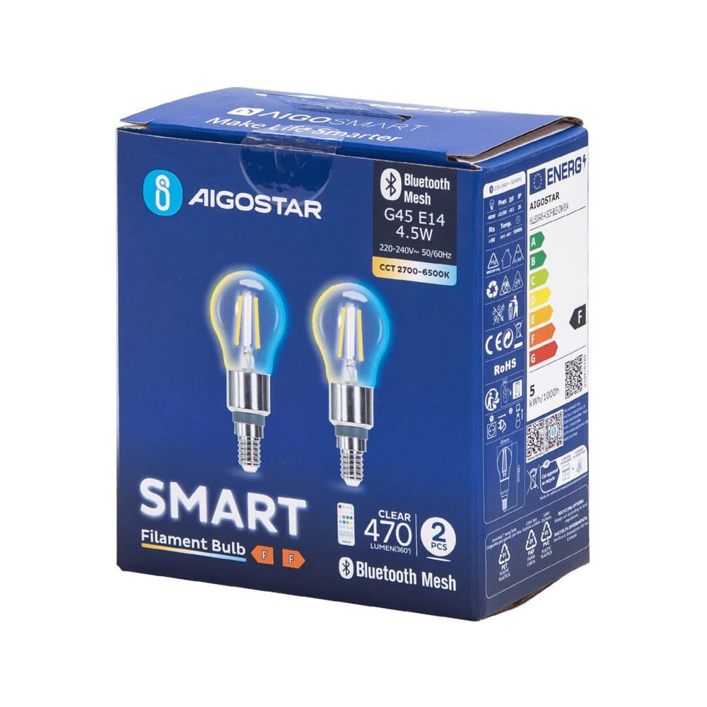 Aigostar LED-pære - Bluetooth Mesh - E14 - 4.5W - G45 - Filament - Inkl. fjernbetjening - Sæt med 2 Aigostar LED-pære - Bluetooth Mesh - E14 - 4.5W - G45 - Filament - Inkl. fjernbetjening - Sæt med 2