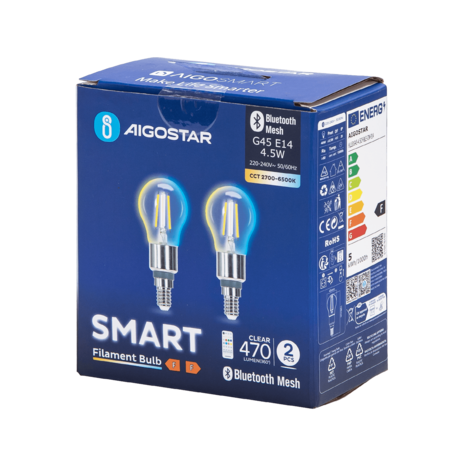 Aigostar LED-pære - Bluetooth Mesh - E14 - 4.5W - G45 - Filament - Inkl. fjernbetjening - Sæt med 2 Aigostar LED-pære - Bluetooth Mesh - E14 - 4.5W - G45 - Filament - Inkl. fjernbetjening - Sæt med 2