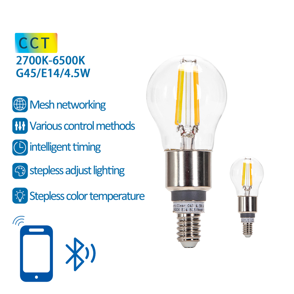 Aigostar LED-pære - Bluetooth Mesh - E14 - 4.5W - G45 - Filament - Inkl. fjernbetjening - Sæt med 2 Aigostar LED-pære - Bluetooth Mesh - E14 - 4.5W - G45 - Filament - Inkl. fjernbetjening - Sæt med 2