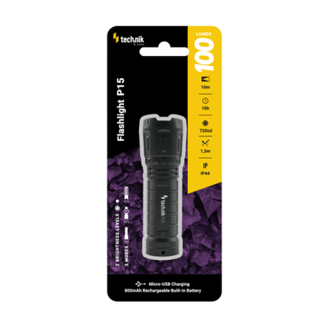 Technik Lommelygte P15 XPE LED + micro USB - 100 lm IP44 (+1x18650 800mAh) Technik Lommelygte P15 XPE LED + micro USB - 100 lm IP44 (+1x18650 800mAh)