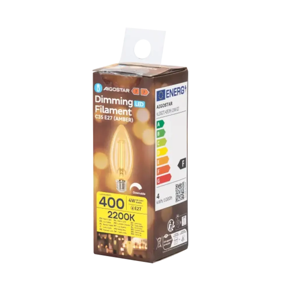 Aigostar LED spot C35 E27 dæmpbar - 4W erstatter 40W - Valgfri Lystemperatur - glødetråd Aigostar LED spot C35 E27 dæmpbar - 4W erstatter 40W - Valgfri Lystemperatur - glødetråd