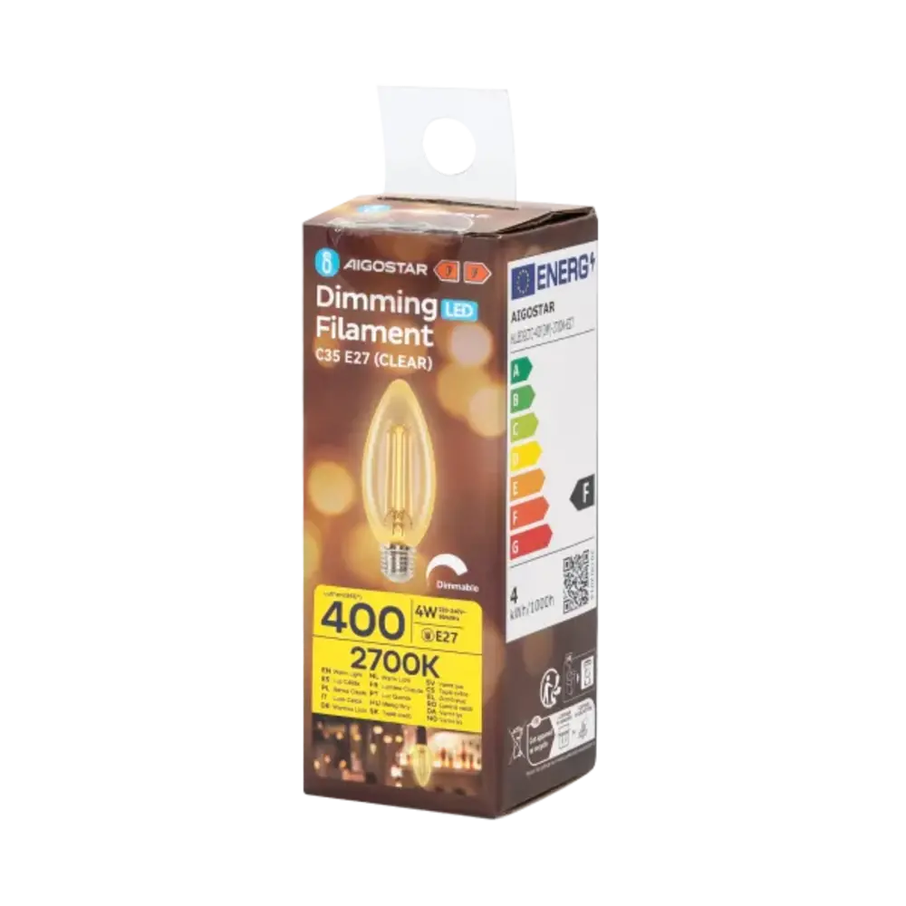 Aigostar LED spot C35 E27 dæmpbar - 4W erstatter 40W - Valgfri Lystemperatur - glødetråd Aigostar LED spot C35 E27 dæmpbar - 4W erstatter 40W - Valgfri Lystemperatur - glødetråd