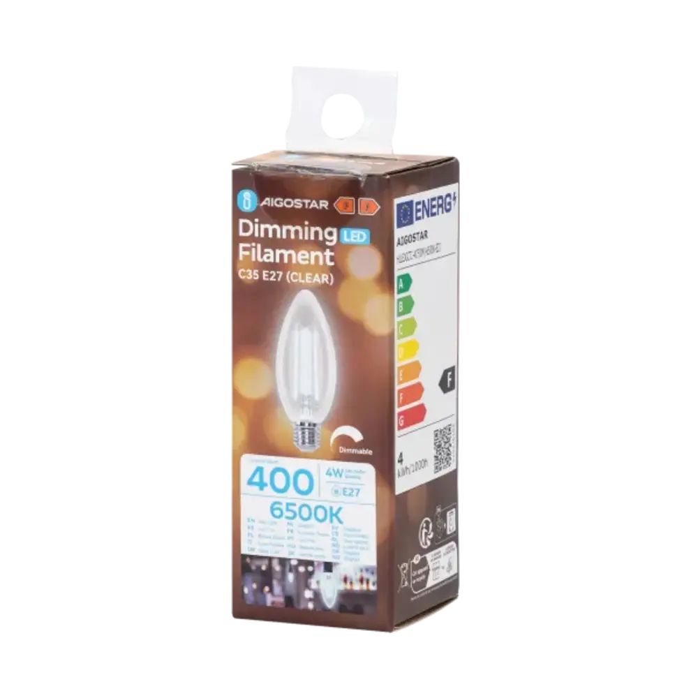 Aigostar LED spot C35 E27 dæmpbar - 4W erstatter 40W - Valgfri Lystemperatur - glødetråd Aigostar LED spot C35 E27 dæmpbar - 4W erstatter 40W - Valgfri Lystemperatur - glødetråd