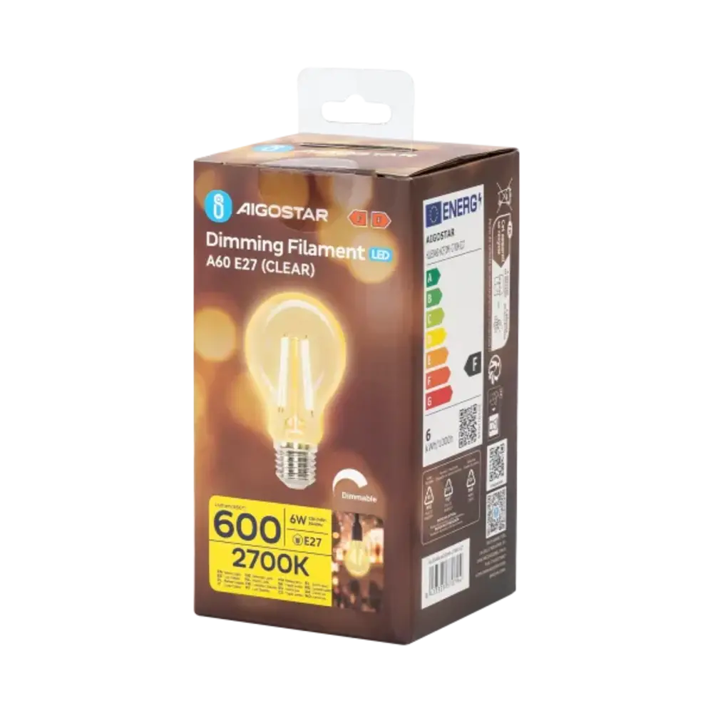 Aigostar LED spot A60 E27 dæmpbar - 6W erstatter 60W - Valgfri Lystemperatur - filament Aigostar LED spot A60 E27 dæmpbar - 6W erstatter 60W - Valgfri Lystemperatur - filament