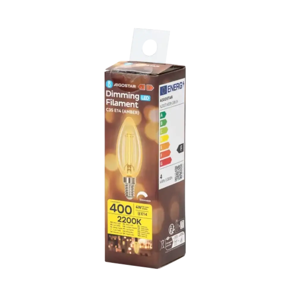 Aigostar LED pære C35 E14 dæmpbar - 4W erstatter 40W - Valgfri Lystemperatur - glødetråd