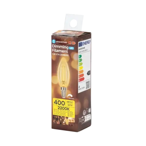 Aigostar LED pære C35 E14 dæmpbar - 4W erstatter 40W - Valgfri Lystemperatur - glødetråd