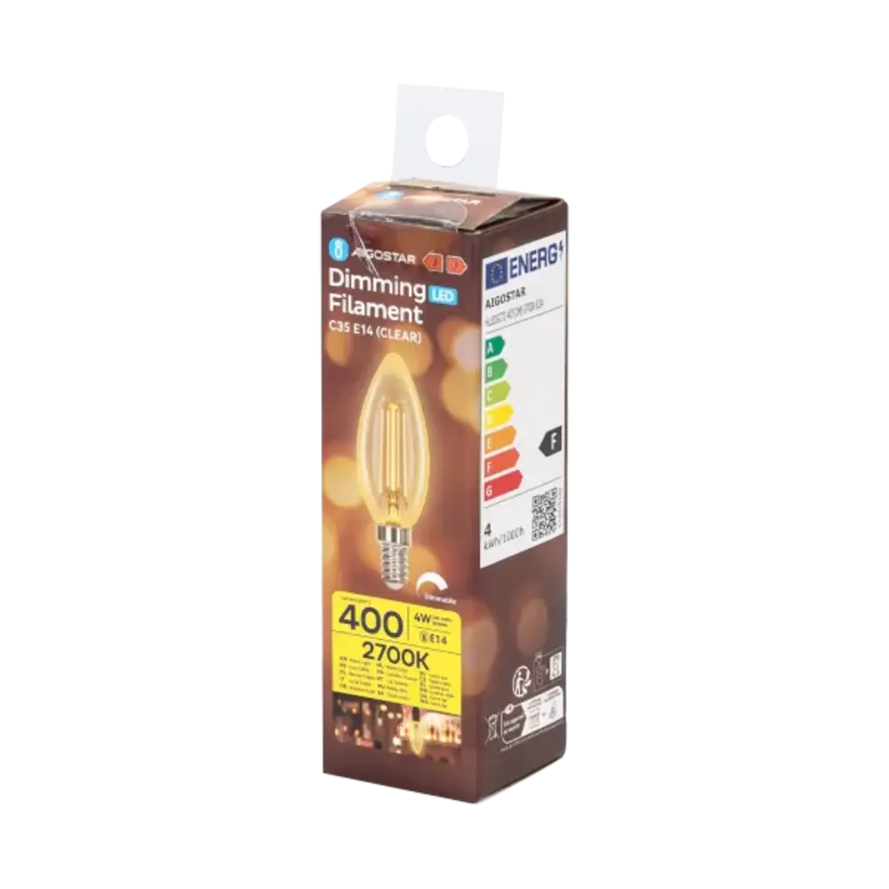 Aigostar LED pære C35 E14 dæmpbar - 4W erstatter 40W - Valgfri Lystemperatur - glødetråd
