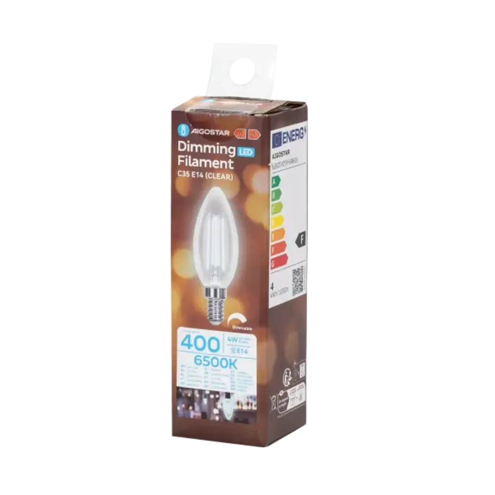 Aigostar LED pære C35 E14 dæmpbar - 4W erstatter 40W - Valgfri Lystemperatur - glødetråd