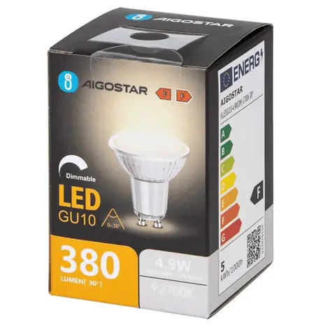 Aigostar LED spot GU10 dæmpbar - 4,9W erstatter 38W - Valgfri Lystemperatur - glas