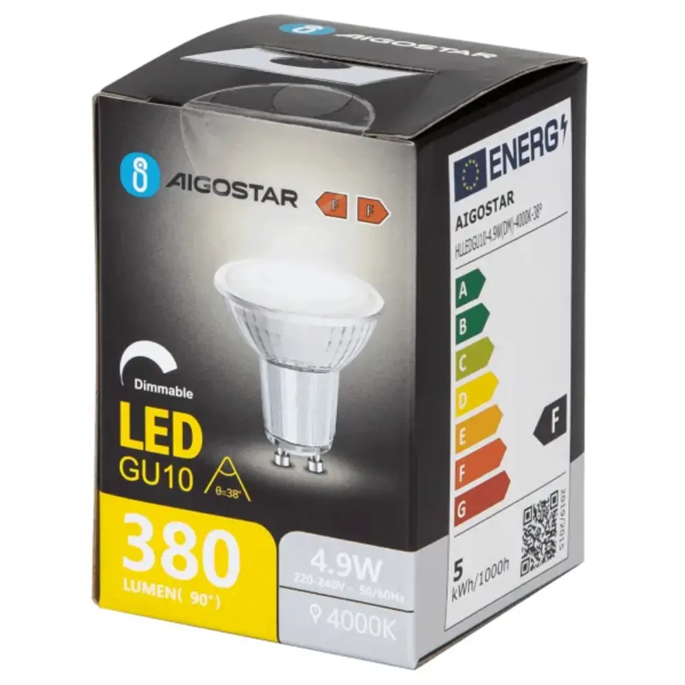Aigostar LED spot GU10 dæmpbar - 4,9W erstatter 38W - Valgfri Lystemperatur - glas