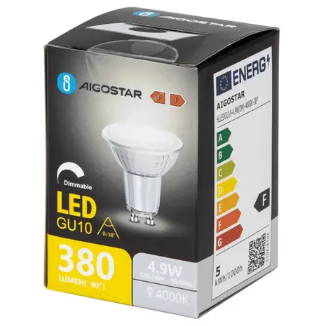 Aigostar LED spot GU10 dæmpbar - 4,9W erstatter 38W - Valgfri Lystemperatur - glas