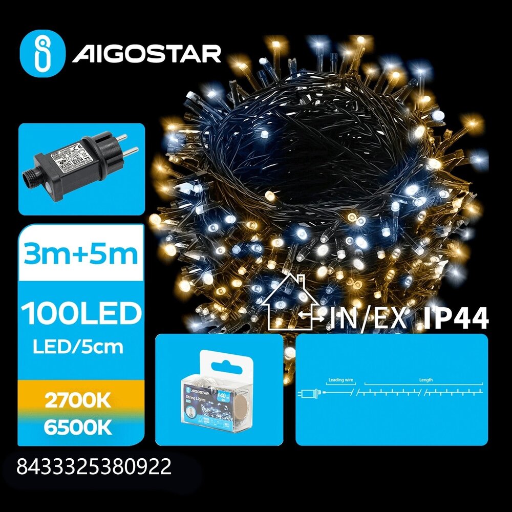 Aigostar LED-juleguirlande - 100 LED'er - 2700K & 6500K - 5 meter - IP44 vandtæt Aigostar LED-juleguirlande - 100 LED'er - 2700K & 6500K - 5 meter - IP44 vandtæt