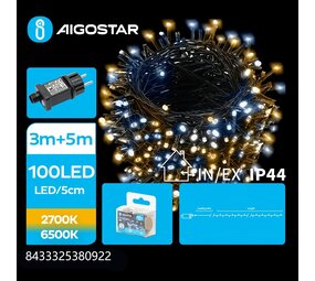 Aigostar LED-juleguirlande - 100 LED'er - 2700K & 6500K - 5 meter - IP44 vandtæt Aigostar LED-juleguirlande - 100 LED'er - 2700K & 6500K - 5 meter - IP44 vandtæt