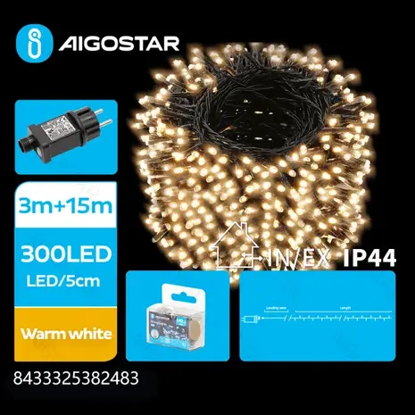 Aigostar LED-juleguirlande - 300 LED'er - varm hvid 2700K - 15 meter - IP44 vandtæt