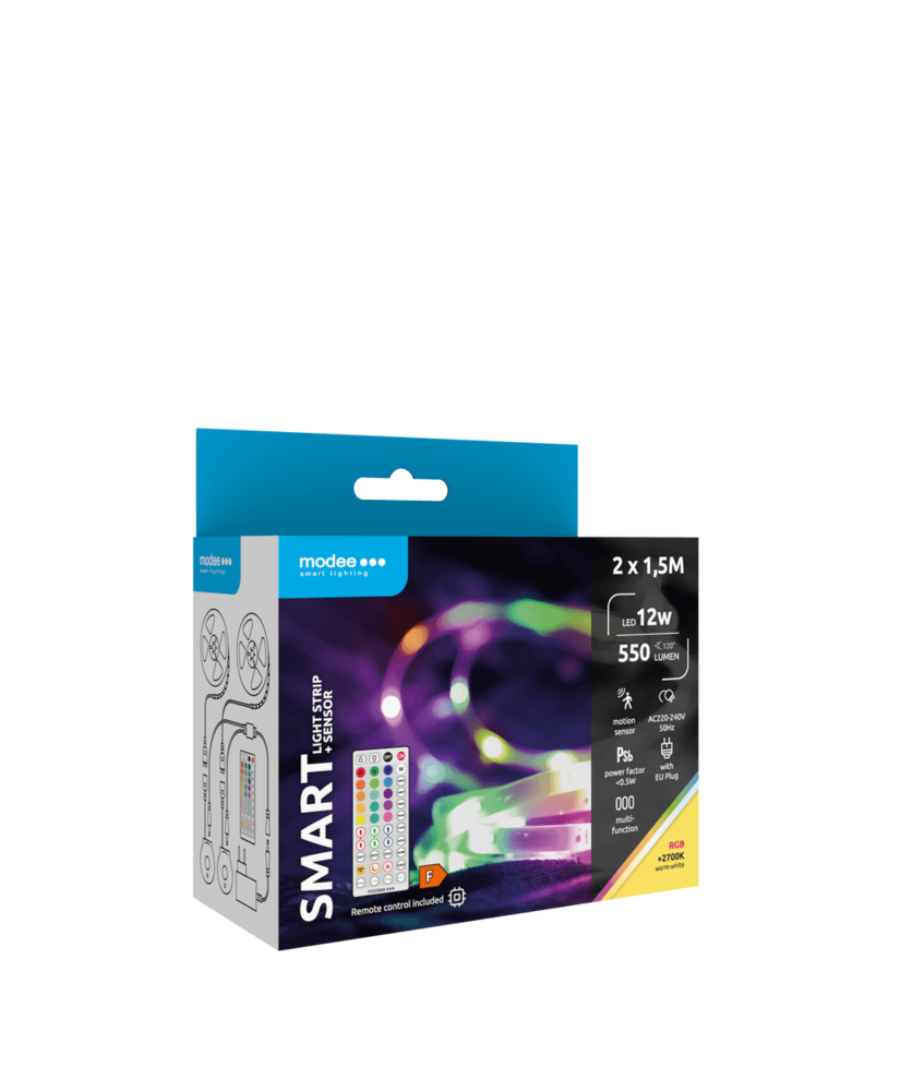 Modee LED Strip - 3m 12W - RGB+2700K - Komplet sæt - Inkl. fjernbetjening og sensor