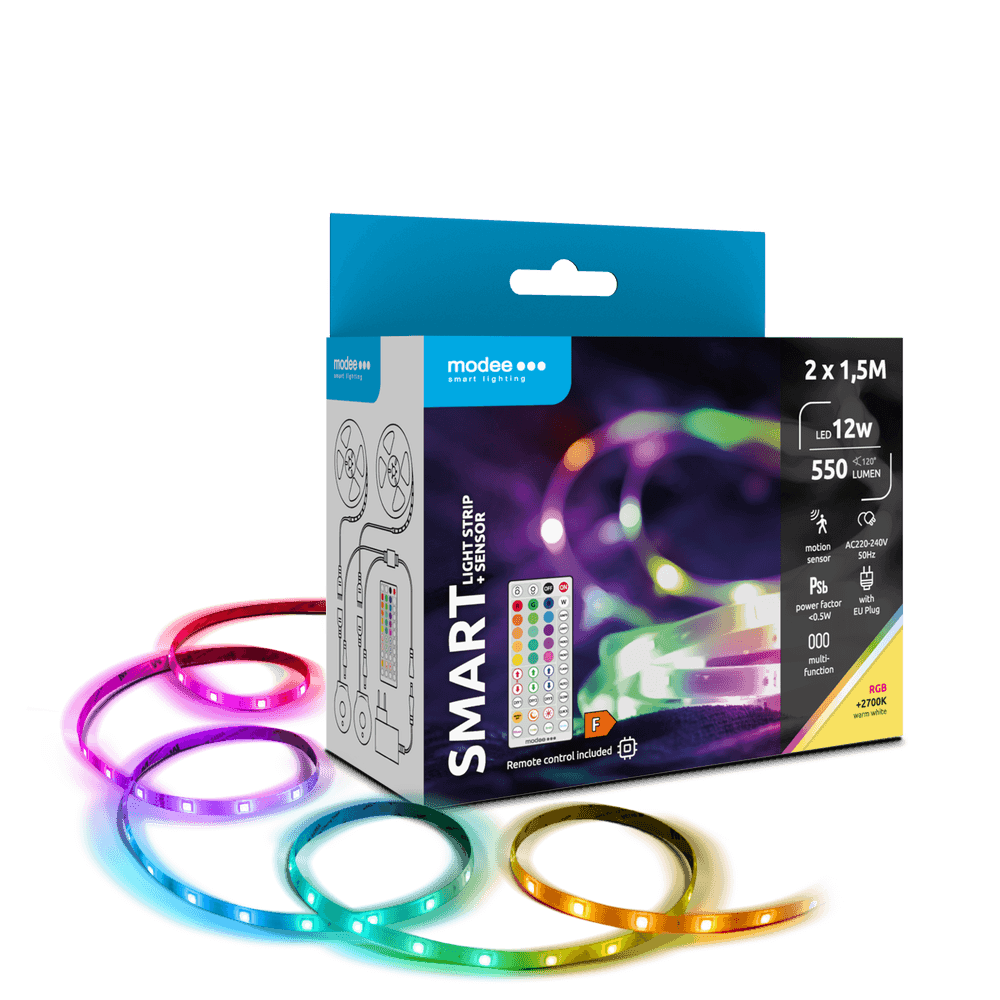 Modee LED Strip - 2x1,5m 12W - RGB+2700K - Komplet sæt - Inkl. fjernbetjening og sensor