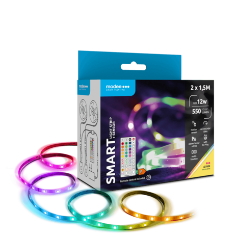 Modee LED Strip - 2x1,5m 12W - RGB+2700K - Komplet sæt - Inkl. fjernbetjening og sensor