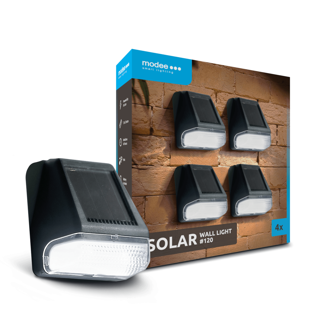 Modee LED Solcelle Væglampe - 7000K Dagslys - WS120 - 4 stk. Modee LED Solcelle Væglampe - 7000K Dagslys - WS120 - 4 stk.