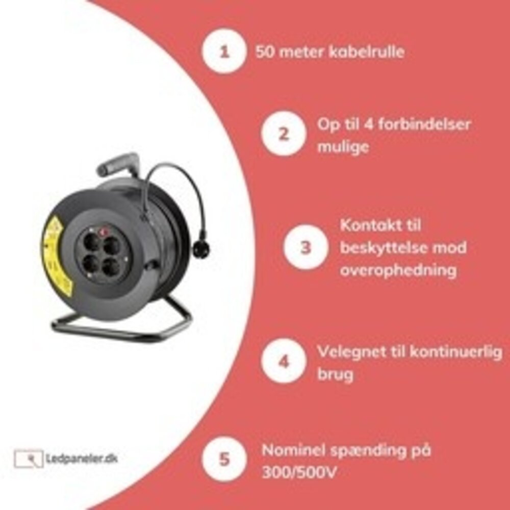 Technik Kabelrulle 50m - 4-vejs med beskyttende jord - 3x1,5mm2 - sort