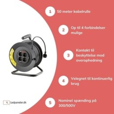 Technik Kabelrulle 50m - 4-vejs med beskyttende jord - 3x1,5mm2 - sort
