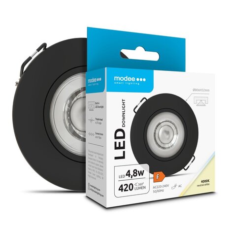 Modee LED inbouwspot Zwart- 4,8W - 420lm - 4000K - Kantelbaar - Niet Dimbaar - D80xH32mm Modee LED inbouwspot Zwart- 4,8W - 420lm - 4000K - Kantelbaar - Niet Dimbaar - D80xH32mm